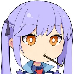 Rule 34 | 1girl, azur lane, blue dress, braid, bright pupils, brown eyes, commentary request, dress, essex (azur lane), expressionless, food in mouth, french braid, grey background, hospital king, light purple hair, long hair, looking at viewer, medium bangs, necktie, open mouth, pocky, pocky in mouth, portrait, red necktie, simple background, solo, twintails, white pupils