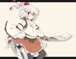 Rule 34 | 1girl, animal ears, bad id, bad pixiv id, bare shoulders, black thighhighs, brown eyes, detached sleeves, dual wielding, female focus, hat, holding, inubashiri momiji, midriff, navel, red eyes, short hair, sil, silver hair, skirt, solo, supershiruco, sword, tail, thighhighs, tokin hat, touhou, weapon, wolf ears, wolf tail