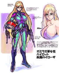 Rule 34 | bare shoulders, blonde hair, breasts, earrings, glasses, gradient background, highres, jewelry, long hair, pilot suit, pointy ears, scar, text focus, translation request, ukatsu juuzou, very long hair, weapon