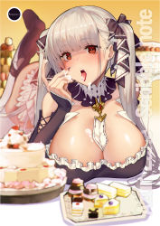 Rule 34 | 1girl, absurdres, azur lane, bad id, bad twitter id, bare shoulders, between breasts, black dress, blush, breasts, cake, cleavage, collarbone, dress, feet up, food, formidable (azur lane), frilled dress, frills, grey hair, hair ribbon, highres, huge breasts, long hair, looking at viewer, lying, on stomach, open mouth, red eyes, ribbon, satou daiji, tongue, tongue out, tray, twintails, two-tone dress, two-tone ribbon, very long hair, white legwear