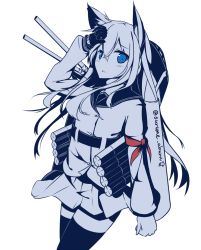 Rule 34 | 10s, 1girl, :o, animal ears, belt, blue eyes, blue theme, blush, cannon, fox ears, gloves, hibiki (kancolle), kantai collection, long hair, long sleeves, looking at viewer, machinery, monochrome, parted lips, red ribbon, ribbon, salute, simple background, skirt, solo, spot color, surume aburi, thighhighs, turret, twitter username, verniy (kancolle), white background