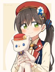 Rule 34 | 1girl, alternate hairstyle, bang dream!, beret, black hair, blush, bow, bowtie, earrings, green eyes, gyaheung, hair bow, hanazono tae, hat, hat ornament, heart, heart earrings, holding, holding stuffed toy, jewelry, long hair, long sleeves, red hat, shirt, side ponytail, smile, solo, striped, striped bow, stuffed animal, stuffed dog, stuffed toy, twitter username, upper body, vest
