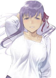 Rule 34 | 1girl, arm up, bad id, bad pixiv id, blush, collarbone, colored skin, fate (series), hair ribbon, half-closed eyes, ikuchan kaoru, impossible clothes, light blush, long hair, matou sakura, multicolored skin, official alternate costume, parted lips, purple eyes, purple hair, ribbon, simple background, smile, solo, upper body, white background