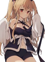 Rule 34 | 1girl, anchorage (azur lane), azur lane, black dress, black jacket, black shorts, blonde hair, breasts, cleavage, closed mouth, dress, highres, jacket, large breasts, long hair, long sleeves, looking at viewer, navel, off-shoulder dress, off shoulder, red eyes, shorts, simple background, solo, sweetpotatojelly, white background