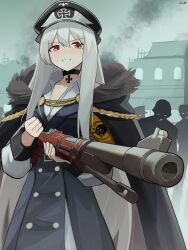 Rule 34 | 1girl, absurdres, aiguillette, bolt action, choker, commission, cross, cross choker, gamryous, girls&#039; frontline, gun, hair between eyes, hat, highres, holding, holding gun, holding weapon, iron cross, jacket, jacket on shoulders, kar98k (girls&#039; frontline), long hair, looking at viewer, mauser 98, peaked cap, red eyes, rifle, ruins, standing, very long hair, weapon, white hair, zombie, zombie army trilogy