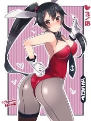 Rule 34 | 10s, 1girl, animal ears, ass, back-seamed legwear, bad id, bad pixiv id, black hair, blush, breasts, brown eyes, character name, cleavage, covered erect nipples, dated, detached collar, fake animal ears, grey pantyhose, heart, highres, kantai collection, kuro chairo no neko, large breasts, leotard, long hair, necktie, pantyhose, paw print, playboy bunny, ponytail, rabbit ears, rabbit tail, seamed legwear, silver legwear, solo, tail, twisted torso, twitter username, yahagi (kancolle)