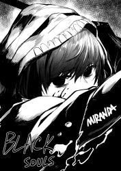 Rule 34 | 1girl, 625214684, absurdres, bags under eyes, black souls, blood, blood on face, character name, chinese commentary, copyright name, greyscale, hair between eyes, highres, hood, hood up, looking at viewer, miranda (black souls), monochrome, short hair, solo