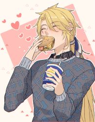 Rule 34 | 1boy, ^ ^, absurdres, aglovale (granblue fantasy), bacon, black shirt, blonde hair, blush, burger, closed eyes, collared shirt, contemporary, cup, curtained hair, disposable cup, drinking straw, eating, food, granblue fantasy, grey sweater, hair ribbon, happy, heart, highres, holding, holding cup, holding food, long hair, low ponytail, male focus, outline, patterned clothing, pink background, ribbon, shirt, solo, sweater, tokikane mikan, two-tone background, upper body, white background, white outline