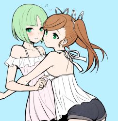 Rule 34 | 2girls, aqua background, bare back, bare shoulders, blue background, blush, breasts, brown hair, chuunibyou, dress, embarrassed, green eyes, green hair, hair ribbon, hug, light green hair, long hair, looking to the side, multiple girls, nanase (under night in-birth), off-shoulder dress, off shoulder, phonon (under night in-birth), pink dress, ribbon, short hair, short shorts, shorts, shorts under dress, small breasts, smile, sundress, tb (spr1110), tsundere, twintails, under night in-birth, white dress, white ribbon, yuri