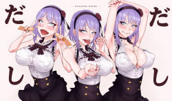 Rule 34 | 10s, 1girl, ahegao, armpits, arms up, bad id, bad pixiv id, between breasts, blue eyes, blush, breasts, cleavage, cupping hand, dagashi kashi, double v, fellatio gesture, flower, food, hair flower, hair ornament, hairband, large breasts, looking at viewer, nail polish, oishinbo, open mouth, popsicle, purple hair, sexually suggestive, shidare hotaru, short hair, shoujo donburi, smile, solo, tongue, tongue out, umaibou, v
