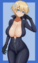 Rule 34 | 1girl, absurdres, areola slip, bakeneko-nya, biker clothes, bikesuit, black gloves, blonde hair, blue background, blue border, blue eyes, bodysuit, border, breasts, cleavage, closed mouth, collarbone, commentary, cowboy shot, girls&#039; frontline, gloves, hair ornament, hand up, highres, large breasts, looking at viewer, mole, mole under eye, sagging breasts, short hair, simple background, snowflake hair ornament, solo, thighs, two-tone background, unzipped, vsk-94 (girls&#039; frontline), zipper pull tab