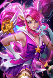 Rule 34 | 1girl, alternate costume, alternate hair color, alternate hairstyle, armlet, circlet, gloves, gradient background, hair ornament, league of legends, legs, looking at viewer, lux (league of legends), magical girl, pink hair, purple hair, sakimichan, skirt, solo, staff, star (symbol), star guardian (league of legends), star guardian lux, thighhighs, upper body, white gloves