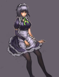Rule 34 | 1girl, apron, asymmetrical clothes, bad id, bad pixiv id, breasts, detached sleeves, dress, female focus, highres, izayoi sakuya, looking at viewer, maid, maid apron, maid headdress, pantyhose, puffy sleeves, purple eyes, shevan, short dress, short sleeves, silver hair, simple background, sitting, solo, touhou