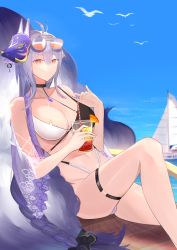 Rule 34 | 1girl, absurdres, animal ears, aviator sunglasses, azur lane, bare shoulders, bikini, bird, black choker, blue sky, boat, braid, braided ponytail, breasts, choker, cleavage, closed mouth, commentary, cowboy shot, criss-cross halter, cup, day, detached sleeves, drinking glass, drinking straw, eyewear on head, fluffy, fox ears, fox mask, fox tail, groin, hair between eyes, halterneck, highleg, highleg bikini, highres, holding, holding cup, holding drinking straw, knee up, large breasts, long hair, looking at viewer, low-tied long hair, mask, mask on head, midriff, navel, nose, ocean, orange eyes, pappap, sidelocks, single braid, sitting, sky, solo, sunglasses, sunglasses on head, swimsuit, tail, thigh strap, tosa (azur lane), tosa (hometown zest) (azur lane), two-tone bikini, watercraft