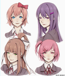 Rule 34 | 4girls, absurdres, artist name, blue eyes, bow, brown hair, collared shirt, commentary, commission, doki doki literature club, english commentary, eyes visible through hair, green eyes, grey jacket, hair bow, hair ornament, hair ribbon, hairclip, highres, huge filesize, jacket, liya nikorov, looking at viewer, monika (doki doki literature club), multiple girls, natsuki (doki doki literature club), one side up, parted lips, pink eyes, pink hair, ponytail, purple eyes, purple hair, red bow, ribbon, sayori (doki doki literature club), school uniform, shirt, simple background, smile, twitter username, white background, white ribbon, white shirt, yuri (doki doki literature club)