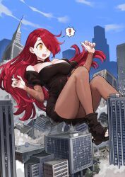 Rule 34 | !, 1girl, bare shoulders, black choker, black dress, black footwear, boots, breasts, character request, choker, city, cleavage, commentary, copyright request, dress, giant, giantess, highres, juliet sleeves, jun (navigavi), large breasts, long hair, long sleeves, off-shoulder shirt, off shoulder, open mouth, pantyhose, pencil dress, puffy sleeves, red hair, shirt, short sleeves, solo, spoken exclamation mark, thighs, toeless footwear, very long hair, yellow eyes