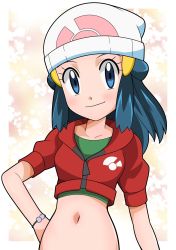 Rule 34 | 1girl, beanie, blue eyes, blue hair, creatures (company), dawn (pokemon), game freak, green shirt, hainchu, hair ornament, hand on own hip, hat, highres, hood, hoodie, looking at viewer, navel, nintendo, pokemon, pokemon (anime), pokemon dppt (anime), red hoodie, shirt