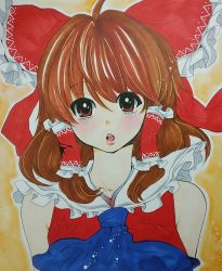 Rule 34 | 1girl, ascot, blush, bow, brown background, brown eyes, brown hair, collar, collarbone, frilled bow, frilled collar, frilled shirt collar, frills, gradient background, hair bow, hair tubes, hakurei reimu, head tilt, highres, looking at viewer, matsuppoi, open mouth, shikishi, sleeveless, solo, touhou, upper body