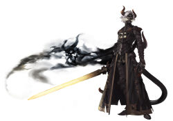 Rule 34 | 1boy, absurdres, armor, black sclera, claws, colored sclera, elbow blade, full armor, glowing, highres, holding, holding sword, holding weapon, horns, jaeyeong, looking at viewer, male focus, original, simple background, skull, solo, standing, sword, tail, undead, waist cape, weapon, white background, white eyes, white hair