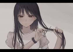 Rule 34 | 1girl, absurdres, bad id, bad pixiv id, black hair, brown background, brown eyes, closed mouth, commentary request, cutting hair, cutting own hair, eyebrows hidden by hair, hands up, highres, holding, holding own hair, letterboxed, long hair, looking at viewer, original, puffy short sleeves, puffy sleeves, scissors, shirt, short sleeves, simple background, solo, tsuruse, upper body, white shirt