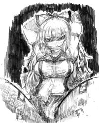 Rule 34 | 1girl, arms behind head, arms up, bdsm, bondage, bound, breasts, fujiwara no mokou, ginji (sakaki summer), graphite (medium), greyscale, long hair, long sleeves, looking at viewer, monochrome, pants, shirt, sketch, solo, spread legs, taut clothes, taut shirt, touhou, traditional media, unbuttoned, upper body, very long hair