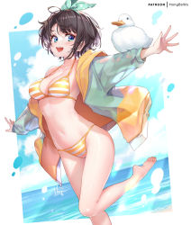 Rule 34 | 1girl, :d, animal, animal on arm, aqua eyes, barefoot, bikini, bikini under clothes, bird, black hair, bow, breasts, duck, floating hair, foot up, hair bow, hololive, hong (white spider), hood, hooded jacket, jacket, medium breasts, multicolored clothes, multicolored jacket, navel, oozora subaru, oozora subaru (hololive summer 2019), open mouth, outstretched arms, patreon username, polka dot, polka dot bow, short hair, smile, standing, standing on one leg, stomach, strap gap, striped bikini, striped clothes, swimsuit, two-tone jacket, virtual youtuber