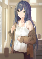 Rule 34 | 1girl, ahoge, blue hair, blurry, blurry foreground, brown shirt, cabinet, commentary, cowboy shot, crossed bangs, day, green eyes, hair between eyes, highres, indoors, koge nattou, long hair, long sleeves, looking at viewer, open clothes, open mouth, open shirt, original, pleated skirt, red skirt, shirt, short eyebrows, skirt, sleeves past wrists, soap bottle, solo, standing, tank top, wall, white tank top, window