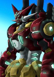 Rule 34 | akashi ma, fusion, getter-1, getter robo, glowing, glowing eye, gundam, highres, looking ahead, mecha, mobile suit gundam, no humans, robot, rx-78-2, science fiction, sky, solo, v-fin, yellow eyes