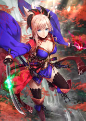 Rule 34 | 1girl, black thighhighs, blue eyes, blurry, breasts, depth of field, detached sleeves, dual wielding, fate/grand order, fate (series), gabiran, holding, japanese clothes, katana, kimono, large breasts, leaf print, light smile, looking at viewer, maple leaf print, miyamoto musashi (fate), miyamoto musashi (third ascension) (fate), obi, pink hair, ponytail, sash, sheath, sleeveless, sleeveless kimono, solo, sword, thighhighs, weapon, wide sleeves