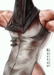 Rule 34 | 1boy, artist name, bara, biceps, character name, dated, dead by daylight, flexing, helmet, highres, kaysuoae, large pectorals, male focus, muscular, muscular male, pectorals, pyramid head, silent hill (series), silent hill 2, simple background, solo, white background