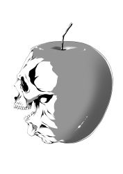 Rule 34 | absurdres, apple, bad id, bad pixiv id, damian, food, food focus, fruit, greyscale, highres, monochrome, no humans, open mouth, original, simple background, skull, white background