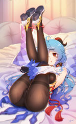 Rule 34 | 1girl, absurdres, ahoge, bare shoulders, bed, bed sheet, black pantyhose, blue hair, blush, bodystocking, bodysuit, bow, bowtie, breasts, cameltoe, chinese knot, covered erect nipples, dated, detached sleeves, flower knot, ganyu (genshin impact), genshin impact, gold trim, high heels, highres, horns, knees to chest, legs, legs over head, legs together, legs up, leotard, leotard under clothes, long hair, looking at viewer, lying, medium breasts, nipples, on back, pantyhose, pillow, red eyes, see-through, signature, solo, sweat, tassel, vision (genshin impact), white sleeves, yanlan feixue