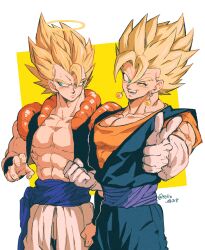 Rule 34 | 2boys, abs, absurdres, arm up, artist name, baggy pants, bare shoulders, biceps, black vest, black wristband, blonde hair, blue eyes, blue sash, blush, clenched hand, closed mouth, dougi, dragon ball, dragonball z, earrings, frown, gloves, gogeta, hair between eyes, halo, highres, jewelry, looking away, male focus, metamoran vest, multiple boys, muscular, muscular male, one eye closed, open clothes, open mouth, open vest, orange shirt, pants, pectorals, potara earrings, purple sash, relio db318, sash, shirt, short sleeves, simple background, smile, spiked hair, super saiyan, super saiyan 1, sweat, teeth, twitter username, two-tone background, v-shaped eyebrows, vegetto, vest, white background, white gloves, white pants, wristband, yellow background