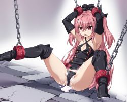 Rule 34 | 1girl, armpits, arms up, boots, crying, crying with eyes open, cuffs, cum, cum in pussy, drooling, elbow gloves, empty eyes, fangs, gloves, high heel boots, high heels, highres, knee boots, krul tepes, kyuutou (kyuutouryuu), long hair, owari no seraph, panties, pink eyes, pink hair, restrained, saliva, shackles, simple background, sitting, solo, spread legs, suggestive fluid, tears, two side up, underwear
