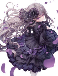 Rule 34 | 1girl, black dress, black ribbon, blurry, blush, bow, commentary, depth of field, dress, expressionless, eyelashes, falling petals, floating hair, frilled dress, frilled sleeves, frills, from above, gothic lolita, grey hair, hair between eyes, highres, lolita fashion, long hair, looking back, missile228, nail polish, original, parted lips, petals, petticoat, purple bow, purple eyes, purple nails, purple ribbon, ribbon, simple background, solo, standing, very long hair, wavy hair, white background, wide sleeves