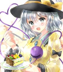 Rule 34 | 1girl, adapted costume, black hat, blouse, blush, bow, breasts, cake, cake slice, cherry, collared shirt, food, fork, frilled shirt collar, frilled sleeves, frills, fruit, grey eyes, grey hair, hair between eyes, hajike akira, happy, hat, hat bow, hat ribbon, head tilt, heart, heart-shaped pupils, heart of string, highres, holding, holding fork, holding plate, juliet sleeves, kiwi (fruit), komeiji koishi, large hat, long sleeves, looking at viewer, one-hour drawing challenge, open mouth, plate, puffy sleeves, ribbon, shirt, small breasts, solo, symbol-shaped pupils, teeth, third eye, touhou, upper body, upper teeth only, yellow bow, yellow ribbon, yellow shirt