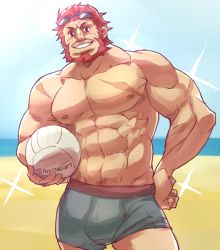 Rule 34 | 1boy, abs, alternate costume, anntee, ball, bara, beard, bulge, cowboy shot, day, eyewear on head, facial hair, fate/grand order, fate/zero, fate (series), green male swimwear, grey male swimwear, grey swim trunks, hand on own hip, iskandar (fate), large pectorals, looking at viewer, male focus, male swimwear, manly, muscular, nipples, outdoors, pectorals, red eyes, red hair, scar, smile, solo, sparkle, summer, swim trunks, swimsuit, upper body, volleyball, volleyball (object)
