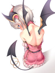 Rule 34 | 1girl, back, bare back, bare shoulders, blue eyes, blush, closed mouth, demon girl, demon horns, demon tail, highres, horns, looking at viewer, looking back, princess connect!, princess connect!, profile, short hair, simple background, sitting, solo, tail, white background, wings, yaosera, yori (princess connect!)