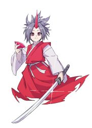 Rule 34 | 1girl, androgynous, commentary request, cup, full body, grey hair, holding, holding cup, horns, itani illust, japanese clothes, kataginu, katana, konngara (touhou), lens flare, long sleeves, oni horns, red horns, sakazuki, short hair, simple background, single horn, solo, sword, touhou, touhou (pc-98), weapon, white background