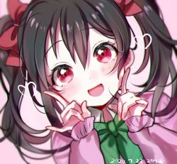 Rule 34 | 1girl, 299 (horisso), artist name, artist request, black hair, blue skirt, blush, bow, bowtie, cardigan, collared shirt, female focus, green bow, green bowtie, hair bow, highres, long sleeves, looking at viewer, love live!, love live! school idol project, nico nico nii, otonokizaka school uniform, parted lips, pink cardigan, red bow, red eyes, school uniform, shirt, short hair, skirt, smile, solo, striped bow, striped bowtie, striped clothes, twintails, yazawa nico