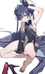 Rule 34 | 1girl, absurdres, armpits, black dress, black gloves, black hair, black jacket, blue archive, blush, butterfly hair ornament, china dress, chinese clothes, double bun, dress, gloves, grey eyes, hair bun, hair ornament, halo, high heels, highres, jacket, jacket partially removed, kisaki (blue archive), long hair, pelvic curtain, pinstripe jacket, pinstripe pattern, shoes, unworn shoes, solo, striped, sweat, twintails, xiu kukkii