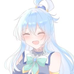 Rule 34 | 1girl, aqua (konosuba), bare shoulders, blue eyes, blue hair, blue shirt, blush, bow, bowtie, breasts, closed eyes, commentary request, detached sleeves, fu7, gem, green bow, green bowtie, hair between eyes, hair ornament, hair rings, highres, kono subarashii sekai ni shukufuku wo!, large breasts, long hair, looking at viewer, open mouth, shirt, simple background, single hair ring, smile, smiley face, solo, very long hair, white background, white sleeves