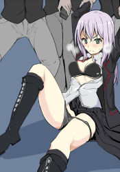 Rule 34 | 1girl, 3boys, arms up, black bra, black skirt, blue background, blush, boots, bra, breasts, breath, character request, cleavage, copyright request, green eyes, highres, imminent rape, jacket, light purple hair, mos yen, multiple boys, panties, panty pull, restrained, simple background, skirt, underwear
