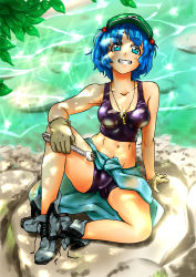 Rule 34 | 1girl, absurdres, ankle boots, aqua eyes, bike shorts, blue hair, boots, bosatsu touge, breasts, clothes around waist, dappled sunlight, fat mons, gloves, grin, hair bobbles, hair ornament, hat, highres, jewelry, kawashiro nitori, key, midriff, navel, pendant, short hair, short twintails, sitting, smile, solo, sports bra, spread legs, sunlight, tank top, toned, touhou, twintails, two side up, wet, wrench