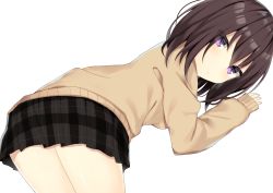 Rule 34 | 1girl, bent over, black skirt, breasts, brown hair, brown sweater, closed mouth, cowboy shot, komomo (ptkrx), long sleeves, looking at viewer, looking back, miniskirt, original, plaid, plaid skirt, pleated skirt, purple eyes, short hair, simple background, skirt, sleeves past wrists, small breasts, solo, sweater, thighs, white background