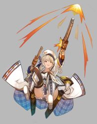 Rule 34 | 10s, 1girl, bad id, bad twitter id, beret, blonde hair, boots, clothes between thighs, convenient skirt, covering crotch, covering privates, cucouroux (granblue fantasy), full body, granblue fantasy, gun, hanarito, handgun, hat, long hair, long sleeves, plaid, plaid skirt, skirt, solo, twintails, weapon