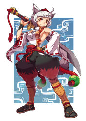 Rule 34 | 1girl, absurdres, adapted costume, animal ears, armor, detached sleeves, fang, female focus, hand on own hip, hat, highres, inubashiri momiji, japanese armor, looking at viewer, no bra, red eyes, sandals, short hair, silver hair, solo, suneate, sword, tabi, tail, taketora suzume, tokin hat, touhou, weapon, wolf ears, wolf tail
