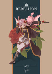 Rule 34 | 1girl, beige background, belt, black coat, black footwear, blue background, blush, boots, brown belt, bullet, buttons, chain, character name, chinese commentary, closed mouth, coat, commentary, double-breasted, dual wielding, flower, full body, gun, hair flower, hair ornament, handgun, high collar, high heel boots, high heels, highres, holding, horns, leaf, long hair, long sleeves, looking at viewer, low-tied long hair, pink hair, pistol, ragnarok online, rebellion (ragnarok online), red flower, rose, sandwich (3meiji), solo, thigh strap, two-tone background, weapon, wings
