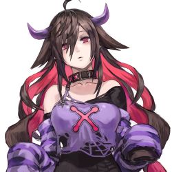 Rule 34 | 1girl, ahoge, bare shoulders, belt collar, black collar, black shirt, breasts, brown hair, buckle, collar, collarbone, commentary, crop top, demon girl, detached sleeves, expressionless, hair between eyes, hair flaps, head tilt, horns, long hair, looking at viewer, medium breasts, multicolored hair, nijisanji, off-shoulder shirt, off shoulder, parted bangs, parted lips, purple shirt, red eyes, red hair, shirt, shu-mai, simple background, sleeves past fingers, sleeves past wrists, solo, striped, torn clothes, two-tone hair, upper body, virtual youtuber, white background, yamiyono moruru