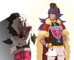 Rule 34 | 2boys, baseball cap, belt, bracelet, cape, champion uniform, closed mouth, commentary request, creatures (company), cropped jacket, crossed arms, dark-skinned male, dark skin, dynamax band, eyeshadow, facial hair, fur-trimmed cape, fur trim, game freak, gloves, green eyes, gym leader, hands on own hips, hat, highres, jacket, jewelry, korean commentary, leggings, leon (pokemon), long hair, looking at another, makeup, male focus, multicolored hair, multiple boys, nintendo, partially fingerless gloves, piers (pokemon), pokemon, pokemon swsh, purple hair, red cape, redlhzz, shirt, short shorts, short sleeves, shorts, single glove, smile, sweatdrop, two-tone hair, white jacket, white legwear, white shorts, yellow eyes